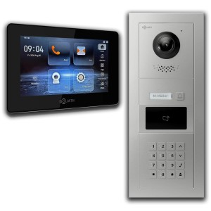 Goliath IP Video Türsprechanlage mit 7 Zoll Monitor, Zahlencode, RFID, silberner Außenstation und schwarzem Display.