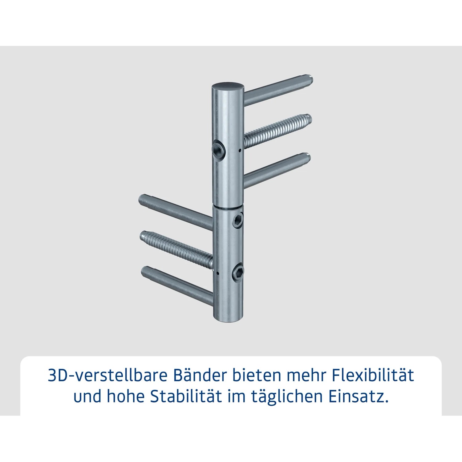 Detailaufnahme der 3D-verstellbaren Bänder einer EcoStar Haustür für hohe Flexibilität und Stabilität.