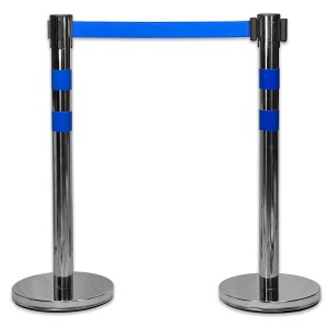 UvV BounceLine Personenleitsystem aus Edelstahl mit blauem Gurt, 2 Pfosten à 90cm, bis 3m Gurtlänge.