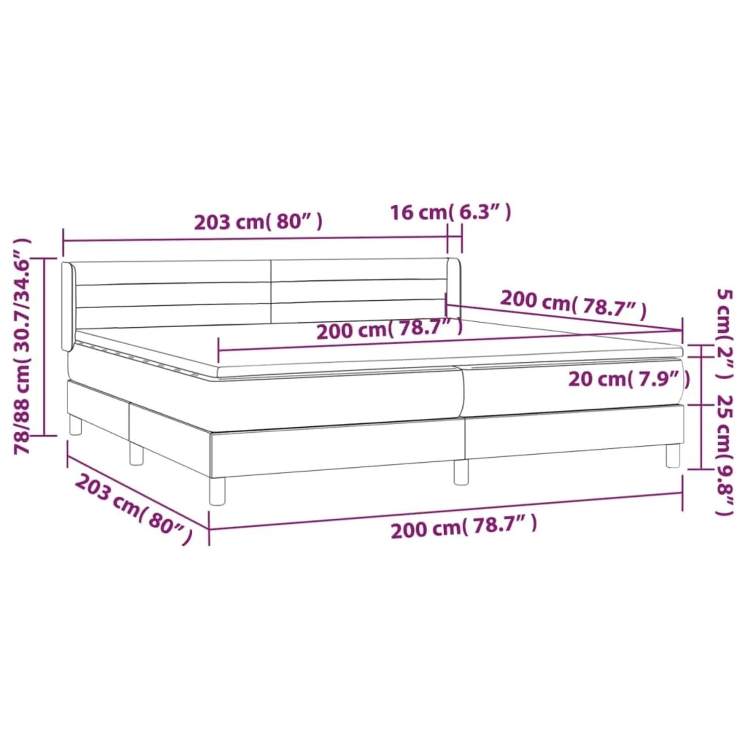 vidaXL Boxspringbett Rosa 200x200 cm mit Matratze, Maßangaben.