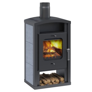 Accente Umea Kaminofen, Naturstein grau, 6 kW. Zeitbrandofen mit Holzfach und Sichtfenster.