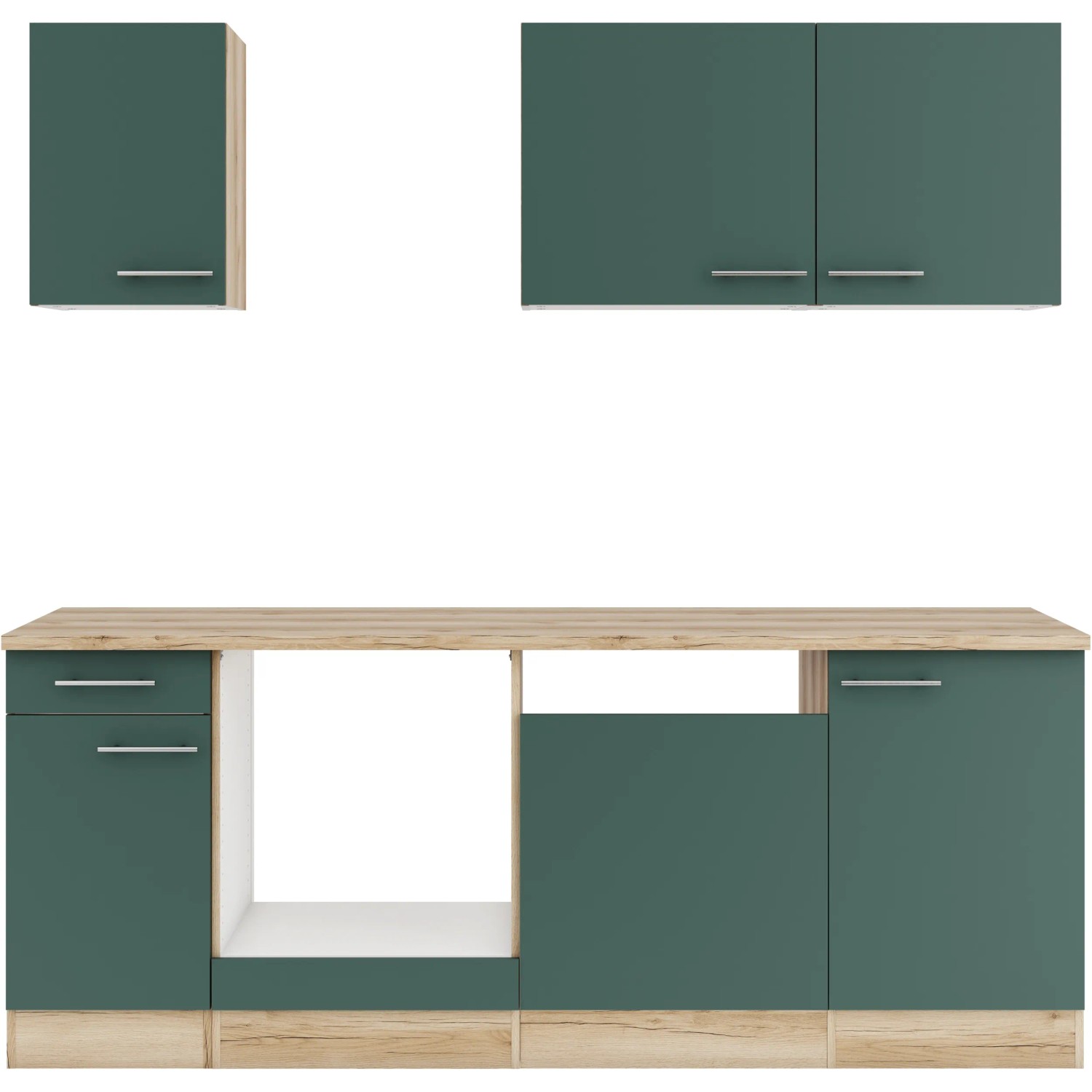 OPTIFIT Küchenzeile Savona405, 210 cm, Steingrün, ohne E-Geräte. Einbauküche mit Ober- und Unterschränken.