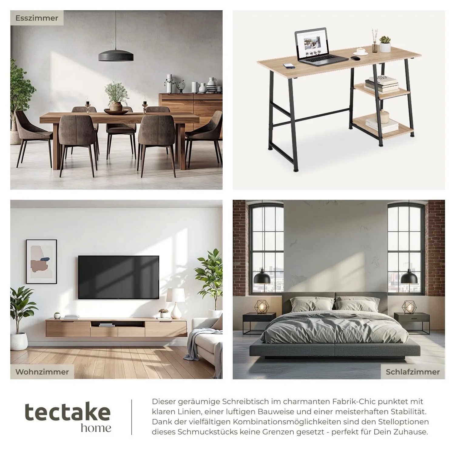 Tectake Schreibtisch Paisley im Industrial Style mit Holz und Stahl, Eiche Sonoma Dekor.