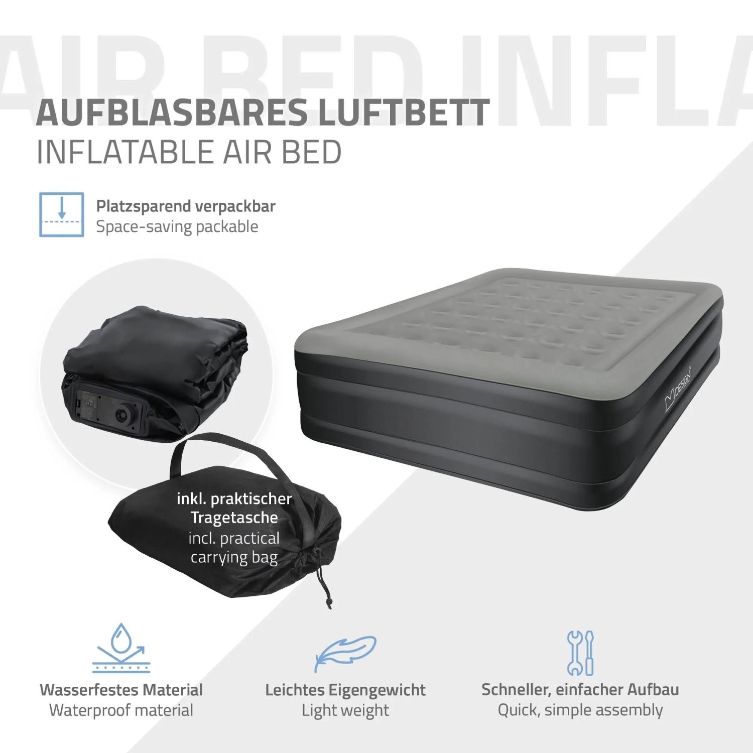 Graues ML-Design Luftbett für 2 Personen, aufgeblasen und zusammengefaltet mit Tragetasche. Selbstaufblasend, Flockvelours, leicht verstaubar.