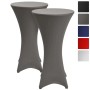 Zwei anthrazitfarbene Beautissu Stella Stehtischhussen, Ø 80 cm, aus dehnbarem Stretchstoff mit optimaler Passform.