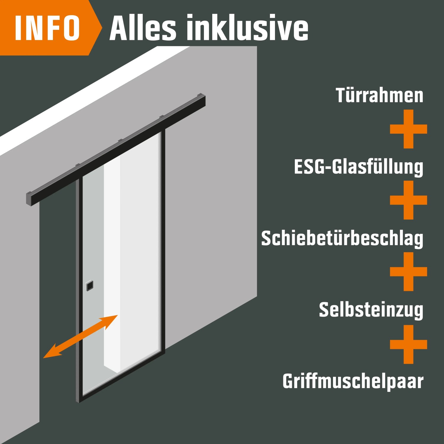 Illustration: Loft+Mehr Schiebetür-Set mit Klarglas, Beschlag, Griffmuschel und Selbsteinzug.
