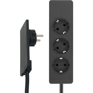 Evoline 3-fach Steckdosenleiste schwarz mit 1,5m Verlängerungskabel und flachem Stecker für platzsparende Nutzung.