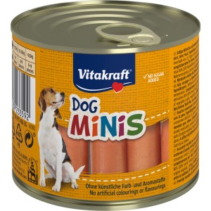 Dose Vitakraft Dog Minis: Hunde-Belohnungssnacks, kleine Würstchen, getreidefrei, ohne Zucker.