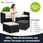 Schwarze Polyrattan Lounge Punta Cana mit creme Bezügen: Sofa, Hocker und Tisch für den Garten.