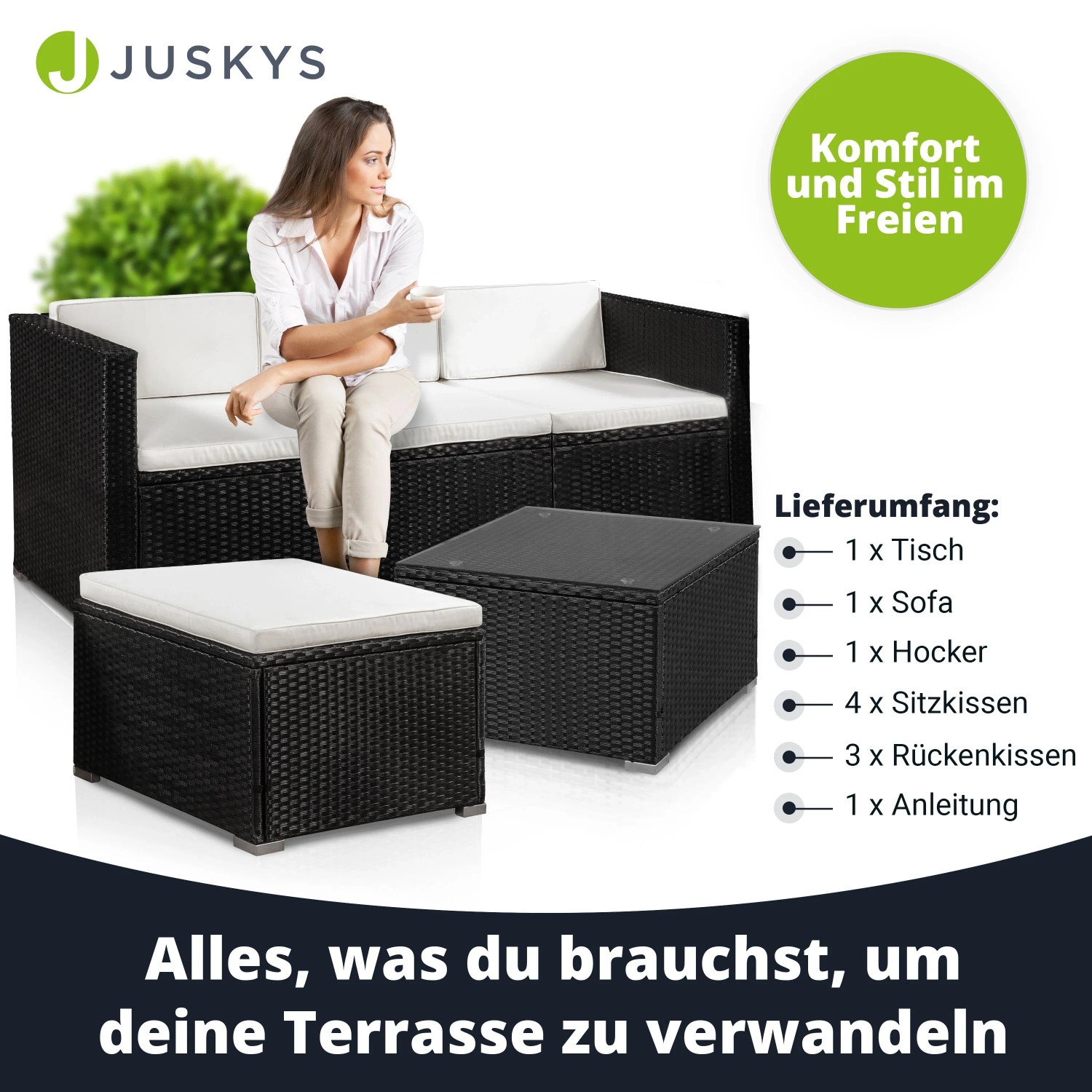 Schwarze Polyrattan Lounge Punta Cana mit creme Bezügen: Sofa, Hocker und Tisch für den Garten.