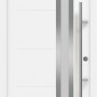 Weiße EcoStar Haustür Isopro Secur mit Edelstahlgriff und Glaseinsatz (DIN links).