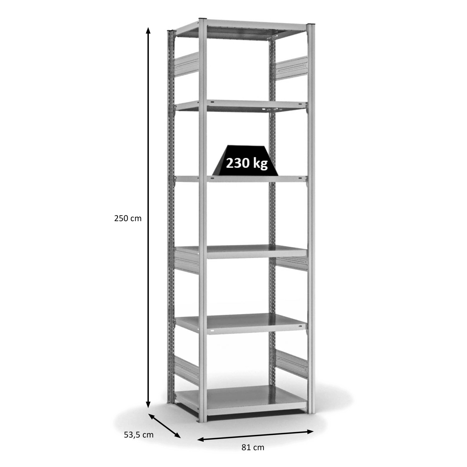 PROREGAL Fachbodenregal, Stecksystem, verzinkt, 6 Ebenen, 250x75x50 cm, Fachlast 230 kg.