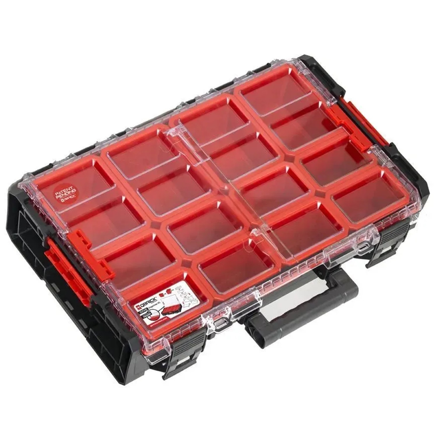 PROREGAL QBRICK Werkzeugkoffer mit 12 Fächern, transparentem Deckel und Tragegriff.