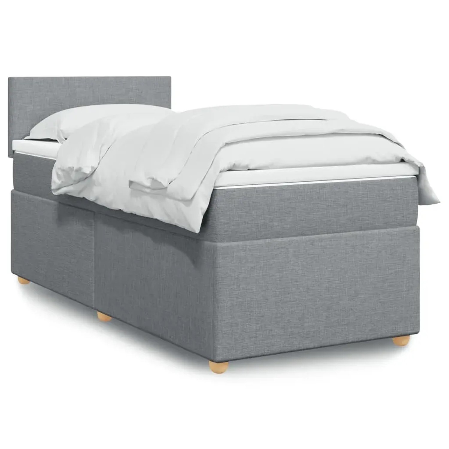 Helles, graues Boxspringbett 90x200 cm mit Matratze und weißer Bettwäsche.