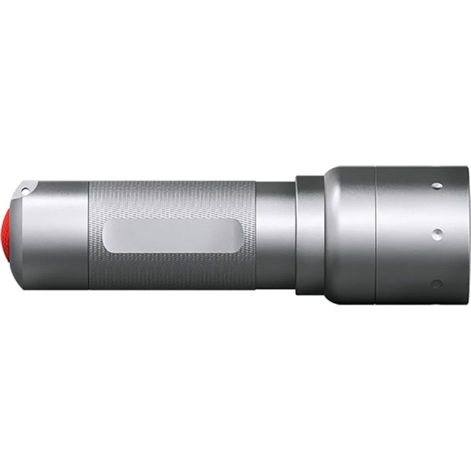 Solidline Pro 220 Taschenlampe aus Aluminium, silberfarben mit rotem Knopf.
