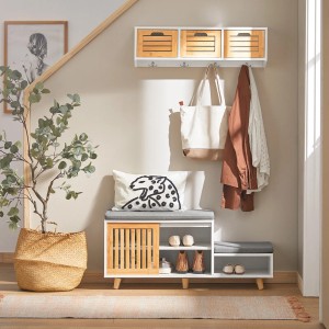 SoBuy Schuhbank FSR125-WN mit Sitzfläche, Schiebetür, aus MDF und Bambus, weiß. Schuhschrank für Flur und Diele.