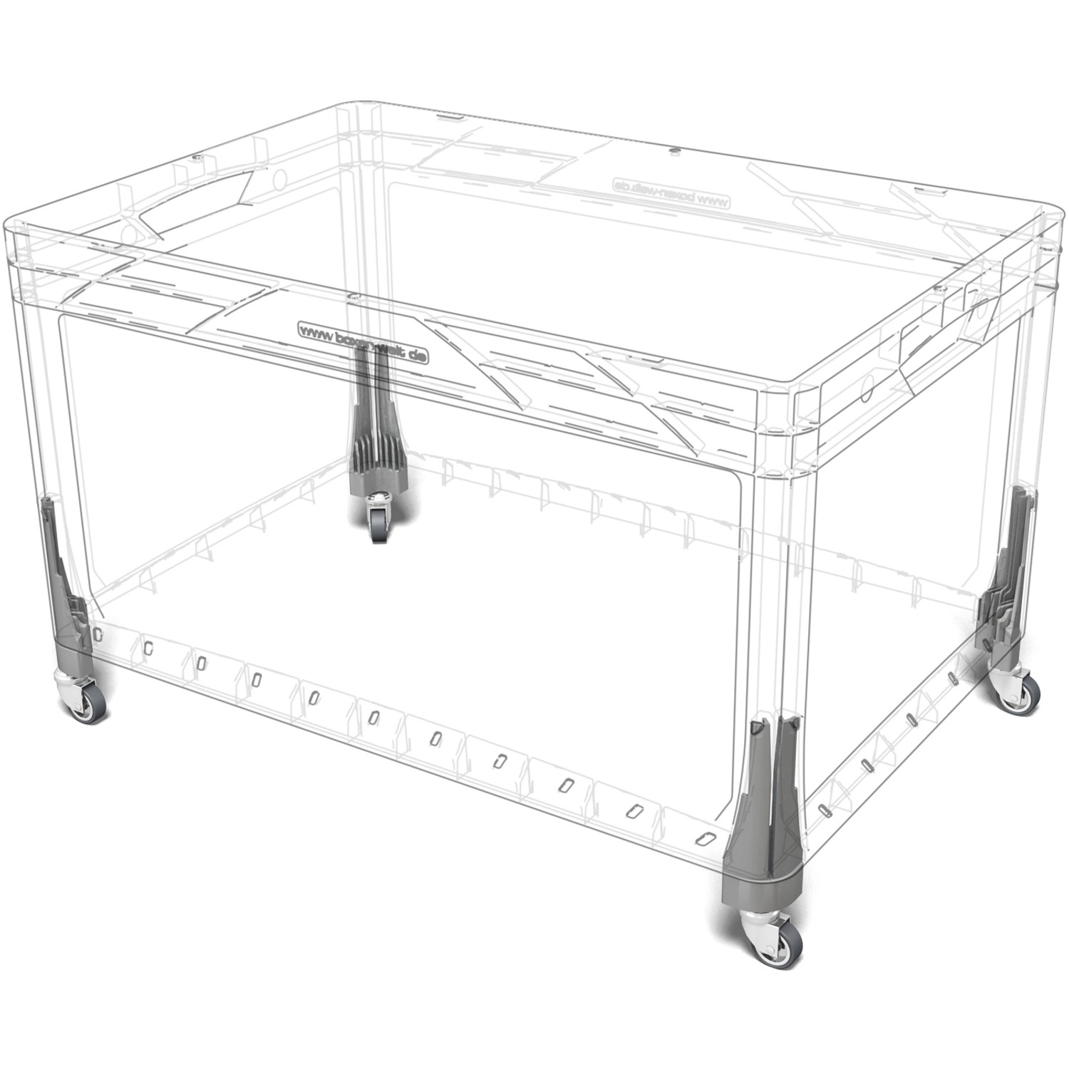 Eurobox-System Einsteckrollen-Set Home, 4 Stück, montiert an einer transparenten Aufbewahrungsbox.