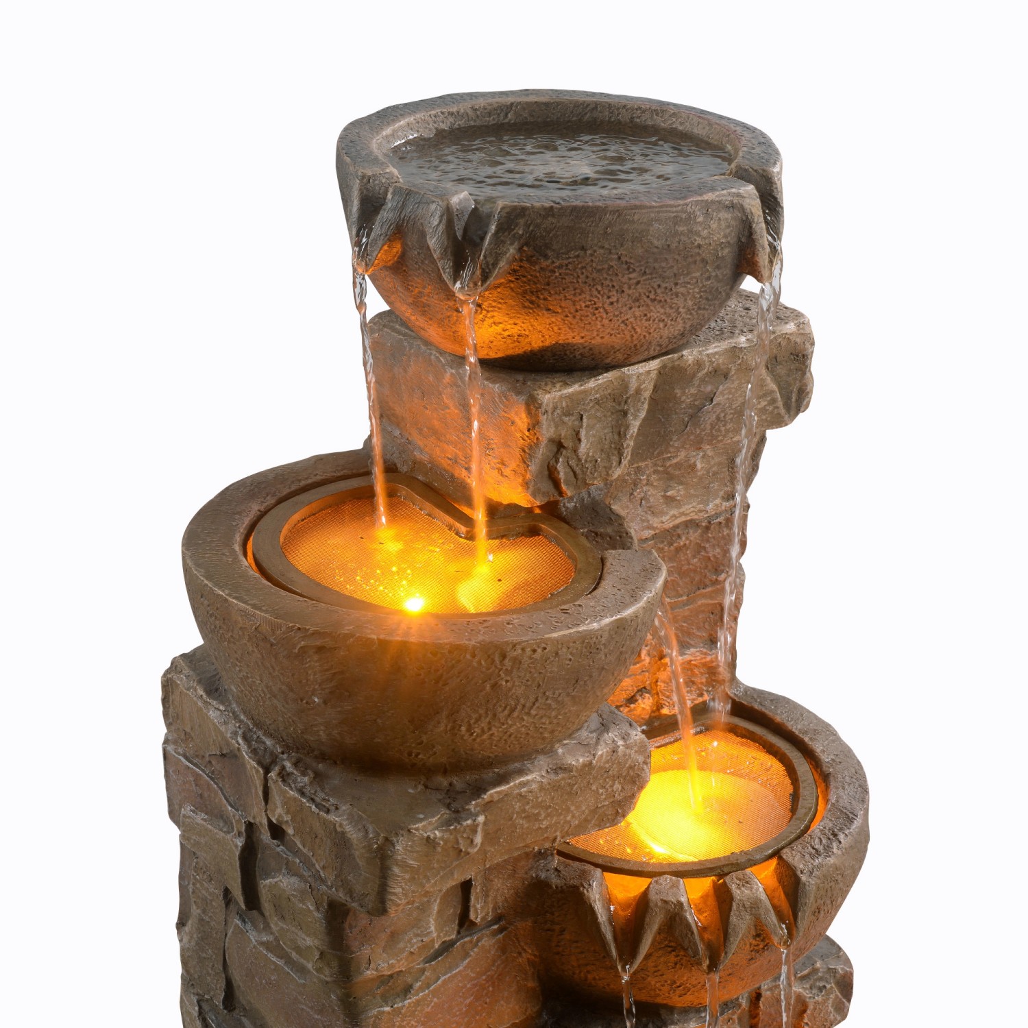 Brauner Teamson Home Gartenbrunnen mit LED-beleuchteten Schalen und Steinen.
