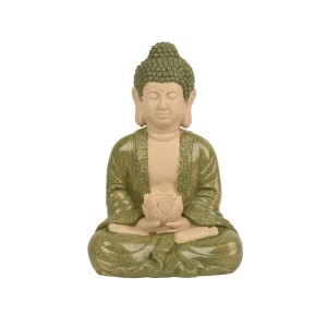 Sitzende Buddhafigur für den Garten, mit grüner Robe und Lotusblume. Steinähnliche Gartendekoration für meditative Akzente.