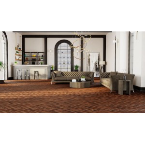 Verlegtes Feinsteinzeug als Bodenfliese in Holzoptik, glasiert und matt, Format 60x40 cm.