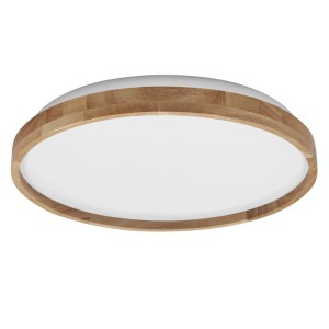 Runde LED-Deckenleuchte mit hellem Holzring und weißem Diffusor. Modernes Design, ideal für Wohnbereiche.