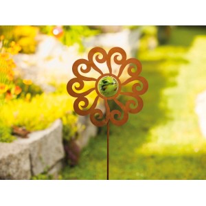 Ferrum Art Design Gartenstecker Windblume mit grüner Glaskugel, Edelrost-Optik.
