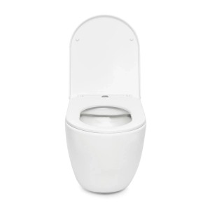 Weißes spülrandloses Wand-WC mit SoftClose WC-Sitz, offen, verdeckte Befestigung aus Keramik.