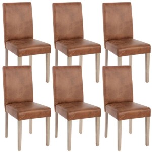 6er-Set MCW Esszimmerstühle Littau mit braunem Wildlederimitat-Bezug und hellen Eiche-Struktur-Beinen. Bequeme Polsterstühle.