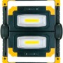 Schwaiger klappbarer Multifunktionsstrahler mit zwei COB-LED Lampen und gelbem Rahmen.
