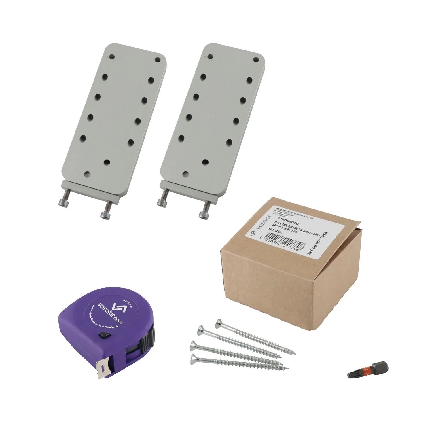 vasalat Set HVP Schwerlastverbinder 60x140x12 mm mit Sicherung Spaxschrauben & Bit TX20