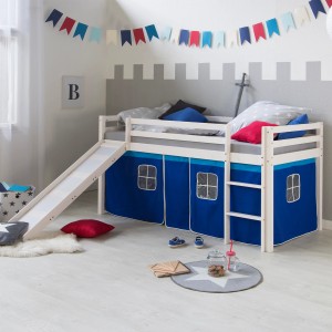 Homestyle4u Hochbett 90x200 mit Vorhang Lattenrost und Rutsche in Weiß 2564