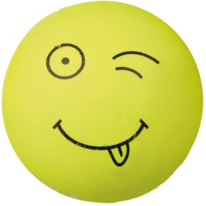 Gelber Jollypaw Smiley Ball aus Moosgummi, 6 cm Durchmesser, Apportierspielzeug für Hunde.