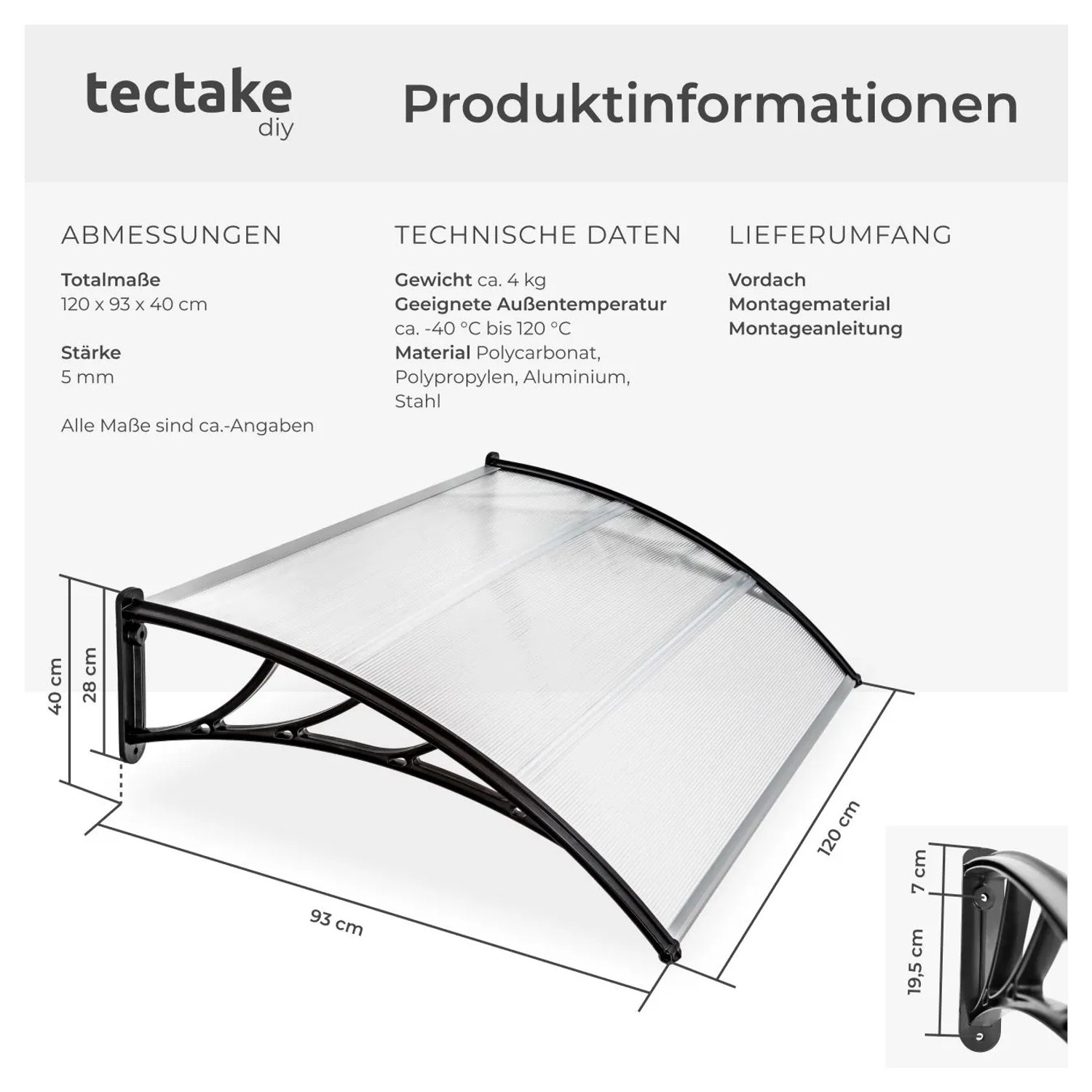 Transparentes Tectake Vordach in Bogenform, 120x93 cm, mit schwarzem Rahmen. Wetterfest und einfache Montage.