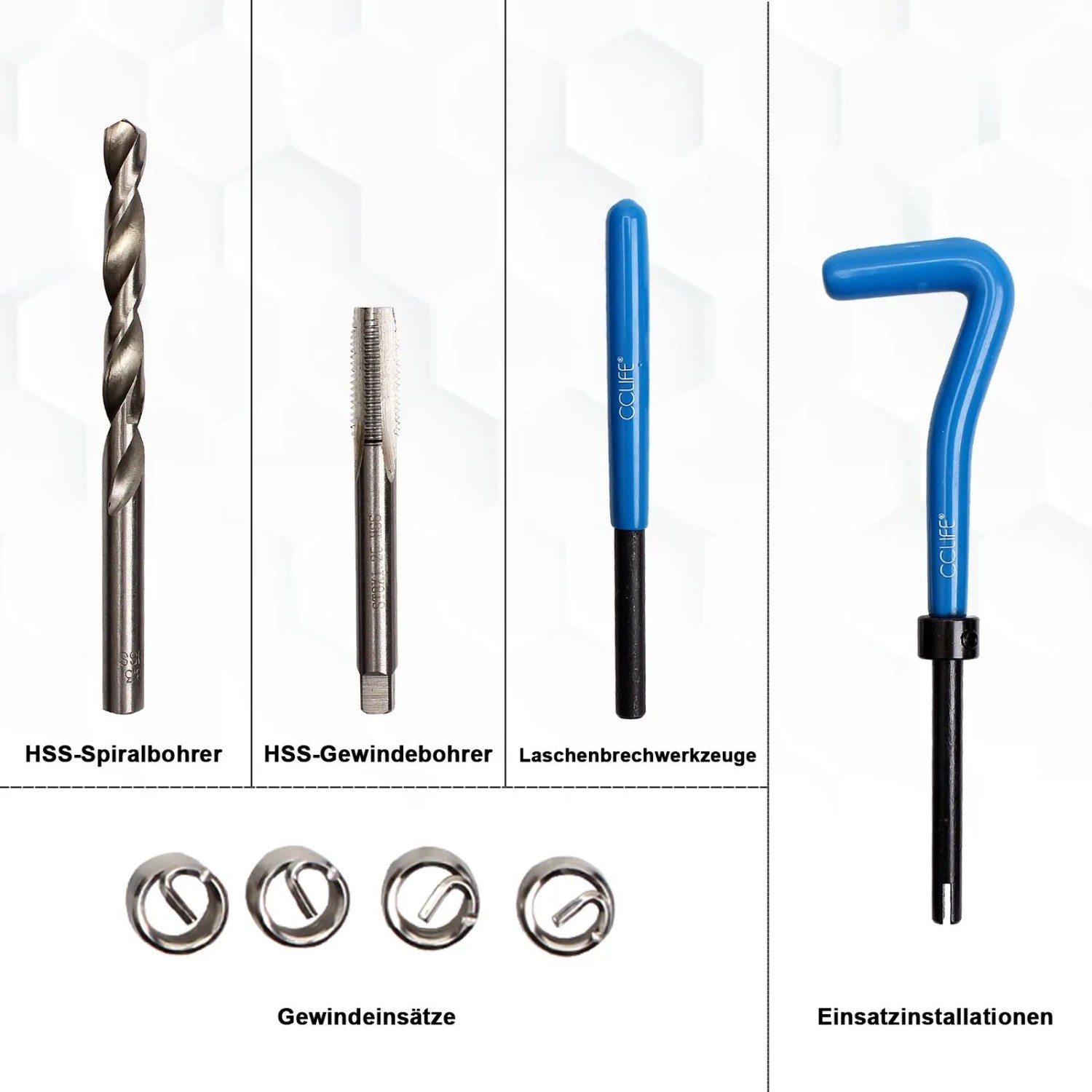 CCLIFE Gewindereparatur Satz M6. Werkzeug-Set mit Bohrer, Gewindebohrer, Einsätzen und Installationswerkzeug für Gewindebohrungen.