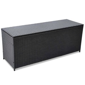 Schwarze furnicato Auflagenbox aus Poly Rattan, 150x50x60 cm, zur Aufbewahrung von Gartenauflagen.