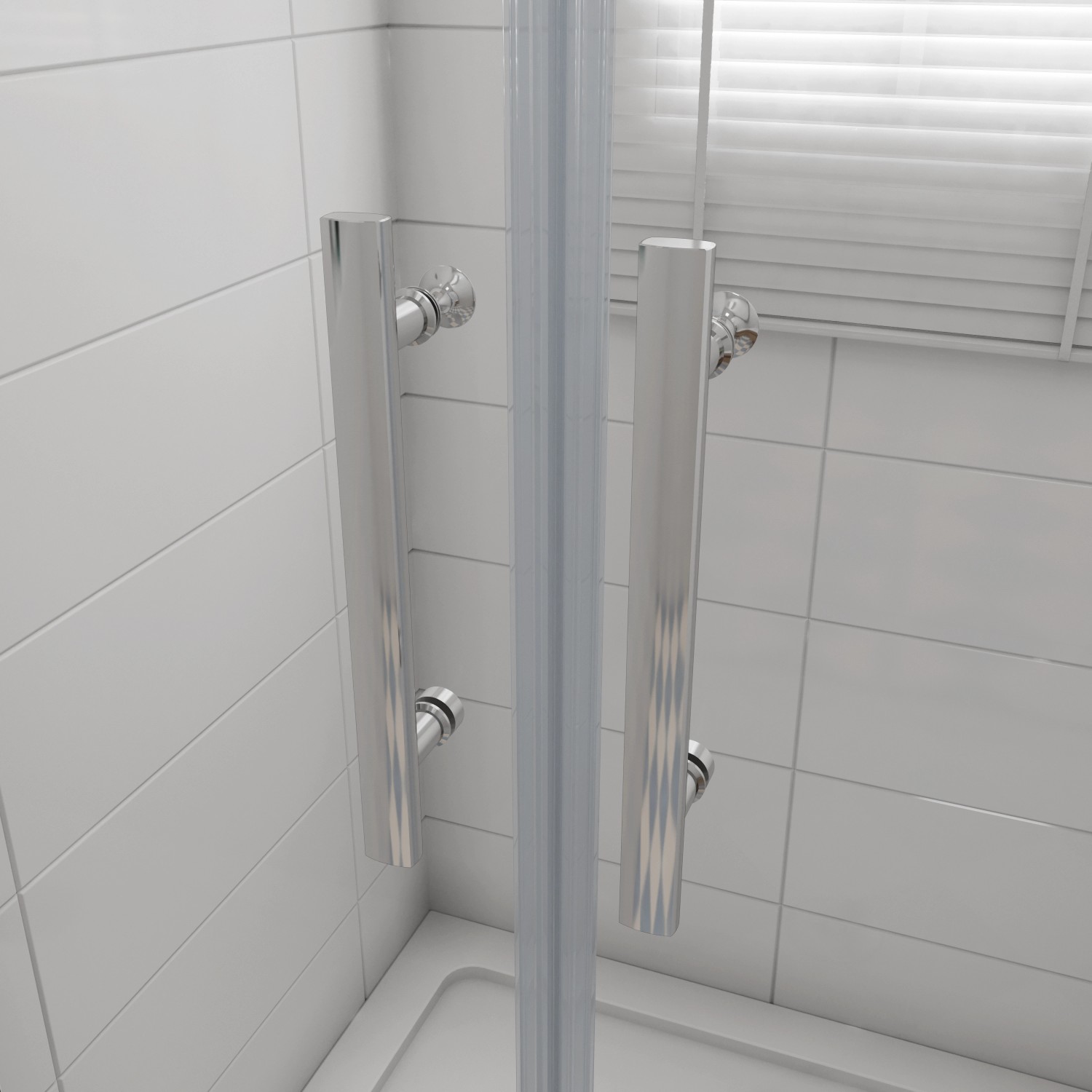 Detailaufnahme: AICA Duschkabine 80x195cm mit Doppeltür, Chrom-Rahmen und Klarglas.