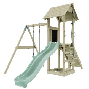 PolarPlay Kinderschaukel Göteborg mintgrün mit Rutsche, Schaukel und Kletterturm aus Holz.