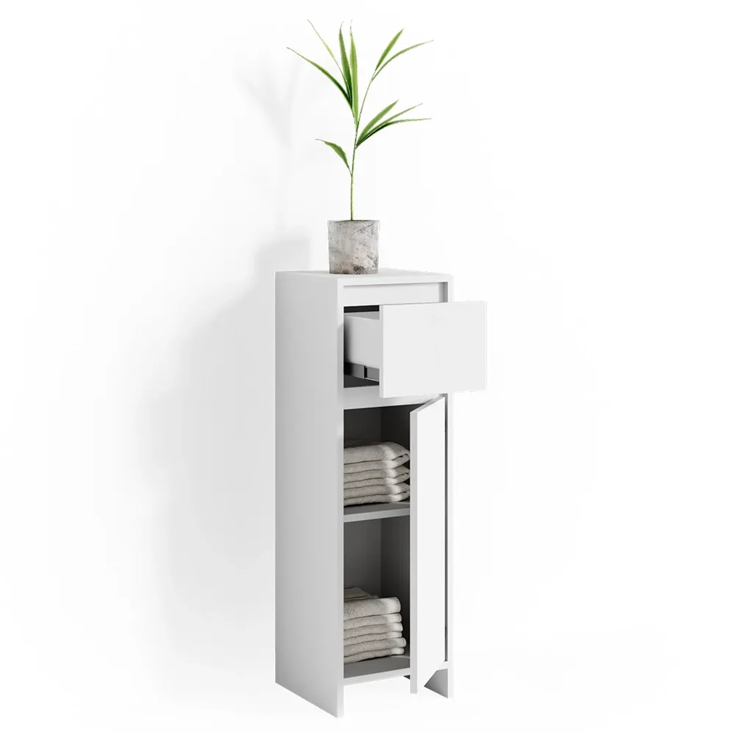 Weißer Vicco Midischrank Emma (30x95cm) mit Schublade und Tür, ideal für Badregale & Badablagen.