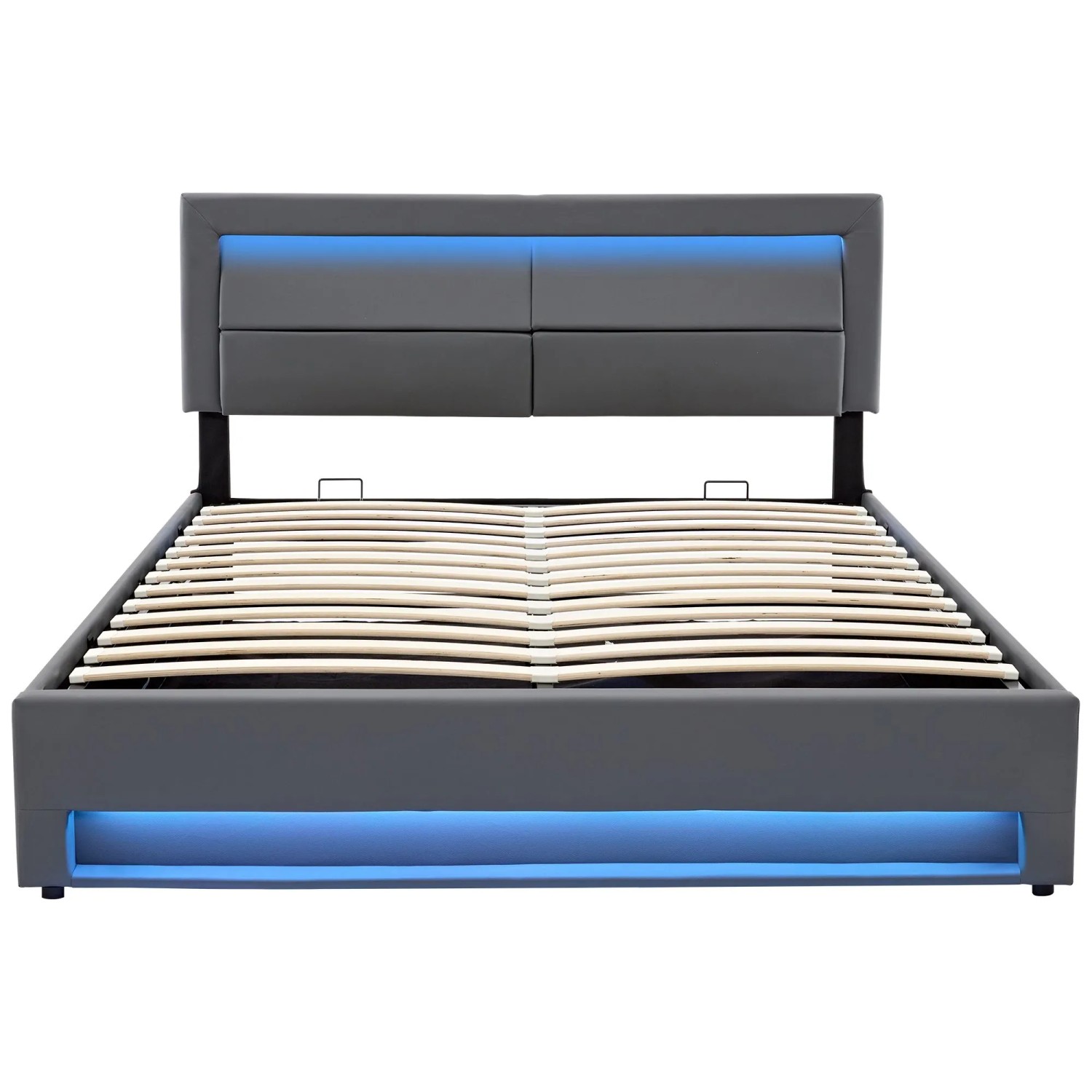 ModernLuxe Stauraumbett 140 x 200 cm mit Kopfteil LED und Anschlüsse USB PU Leder Grau