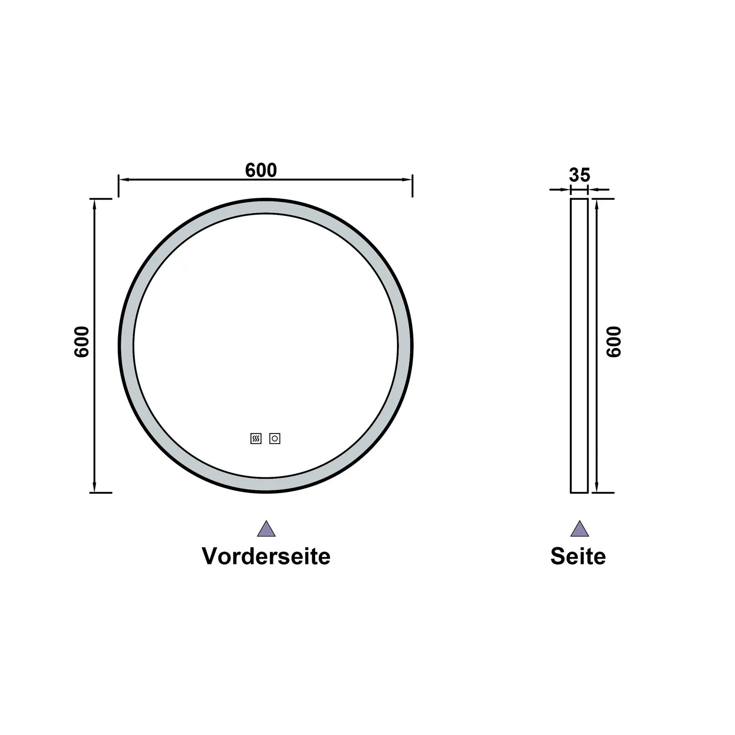 Technische Zeichnung: Aica Sanitär Spiegel, rund, 60 cm, mit Beleuchtung und Maßen.