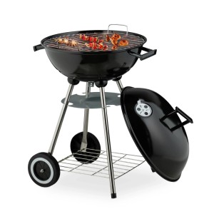 Relaxdays Kugelgrill Stahl Edelstahl Schwarz Fahrbar Mit Deckel 77 cm x 44 cm x 51 cm 3,4 kg