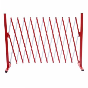 Rot-weißes, ausziehbares Absperrgitter aus Aluminium. Flexibler Zaun für Abgrenzungen.