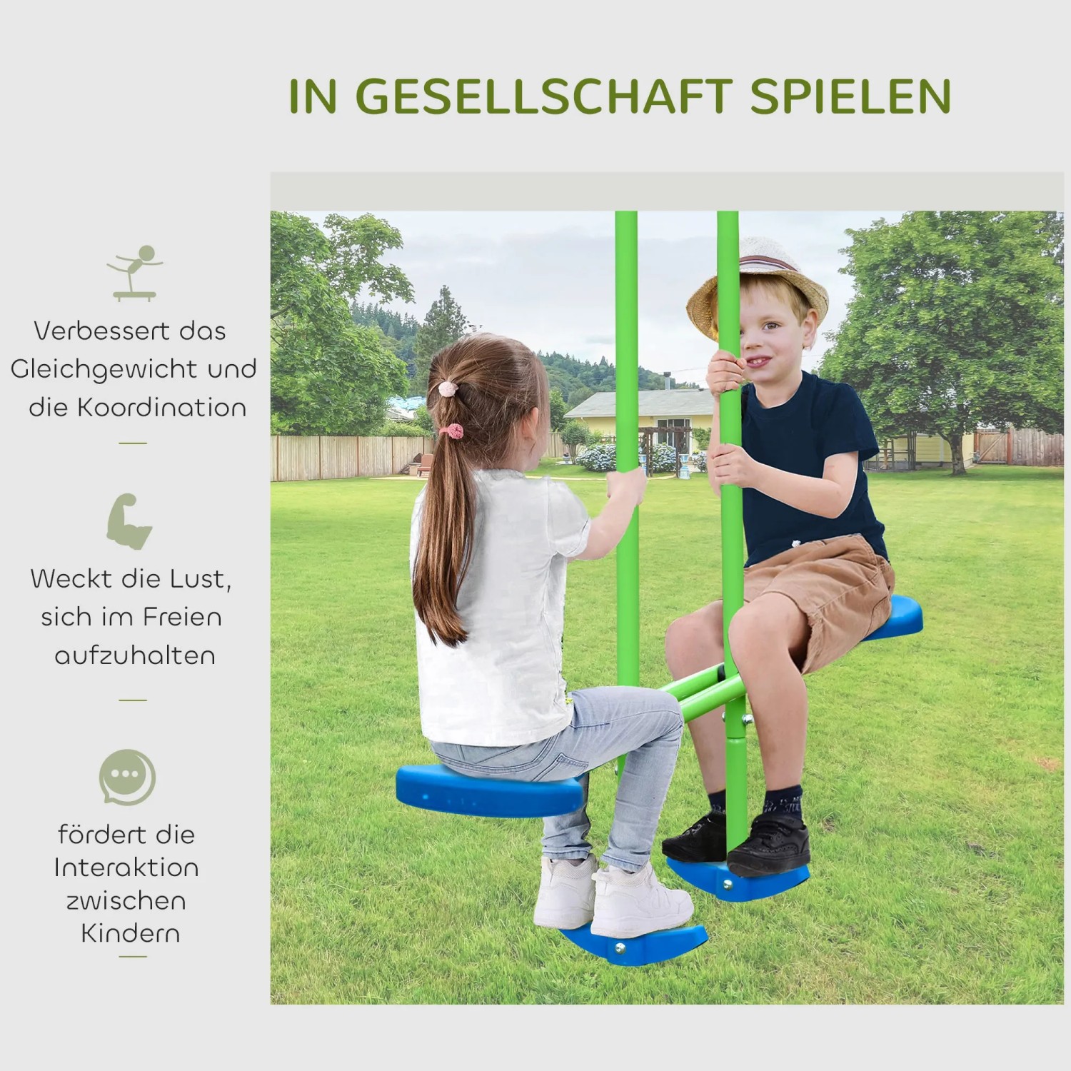 Outsunny Kinderschaukel mit Wippe: Zwei Kinder schaukeln auf dem grünen Schaukelgestell im Garten.