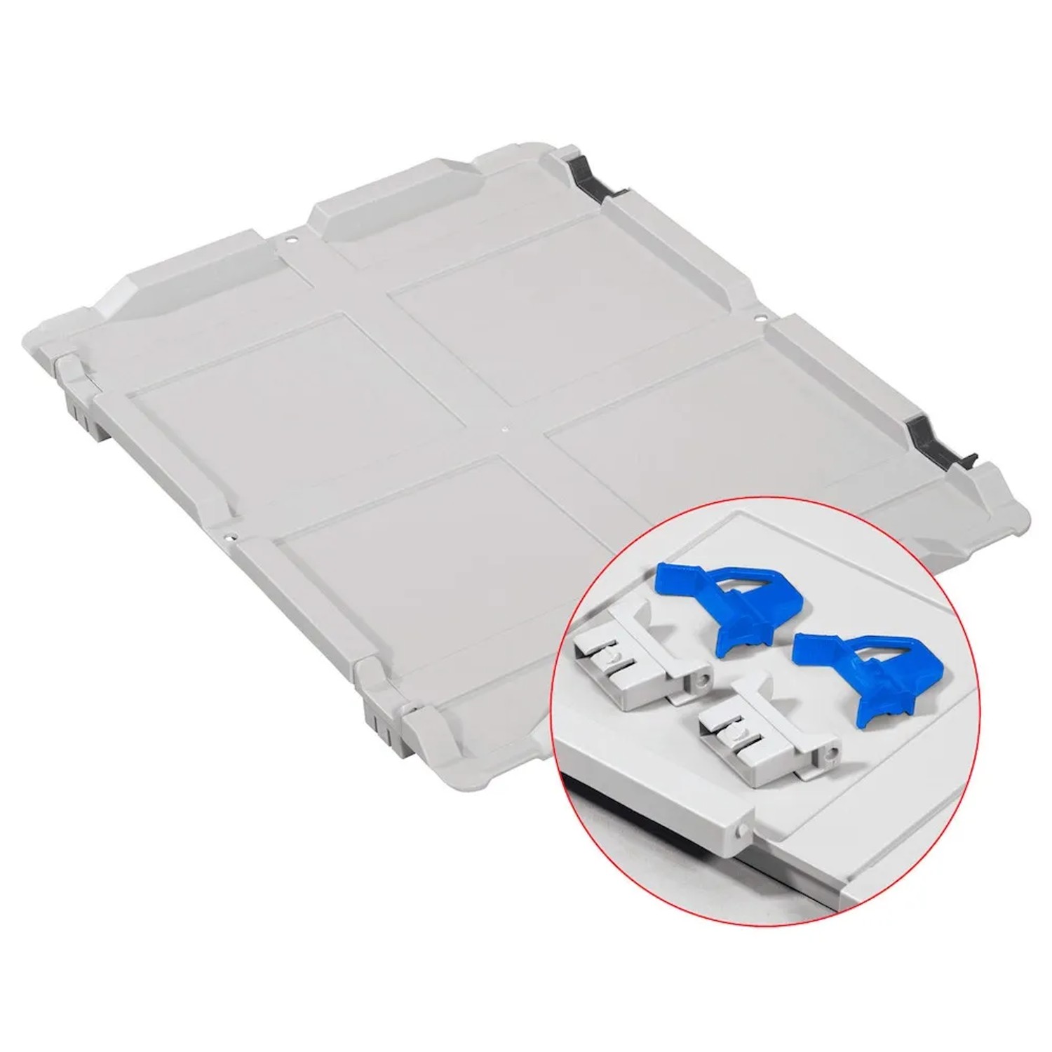 Grauer Deckel für PROREGAL Eurobox Nextgen Color Aufbewahrungsbox mit blauen Schiebeschnappverschlüssen.