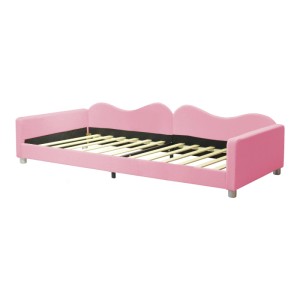 Rosa Kinderbett 90x200cm mit weicher Teddystoff-Polsterung und geschwungener Rückenlehne. Ideal als Schlafsofa.