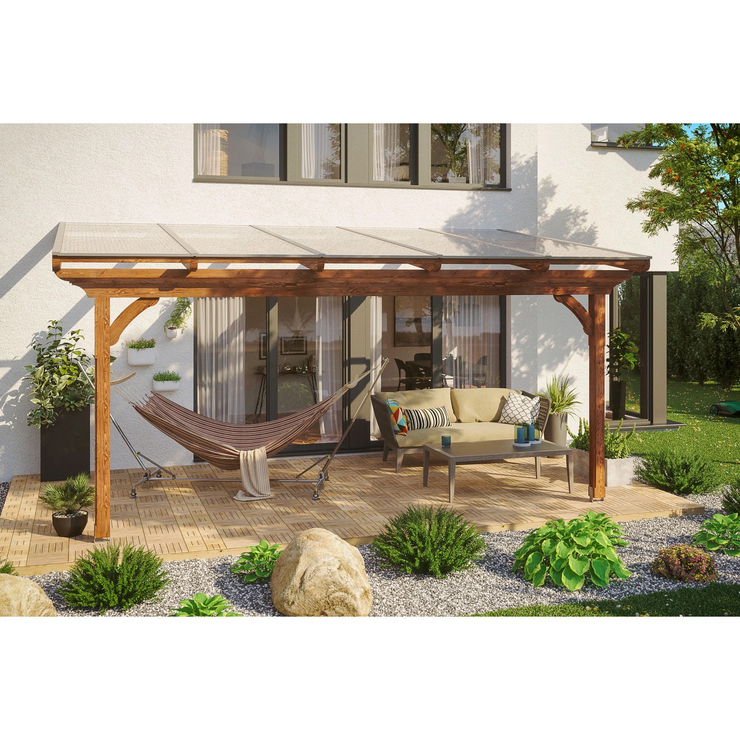 Skan Holz Terrassenüberdachung Ravenna 541 x 350 cm Douglasie Nussbaum