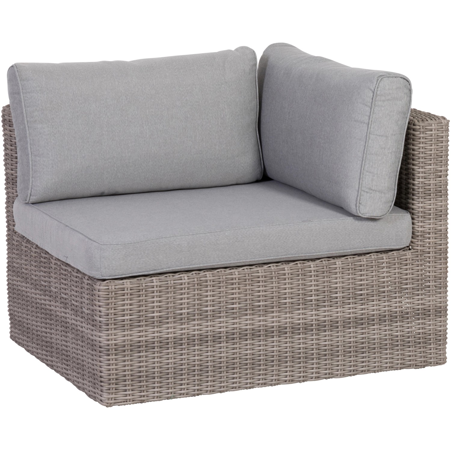 Grauer Greemotion Olea Wood Lounge-Ecksessel mit Kissen, Teil eines 5-tlg. Balkonmöbel Sets.
