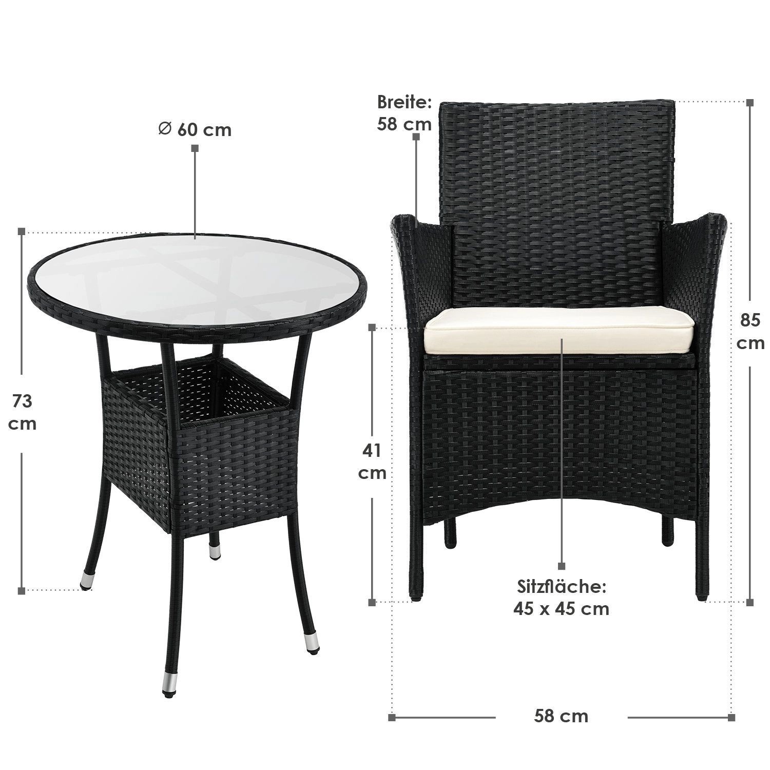 Juskys Balkonmöbel Set Bayamo: Tisch mit Glasplatte und Stuhl aus Polyrattan in Schwarz mit beigen Kissen.
