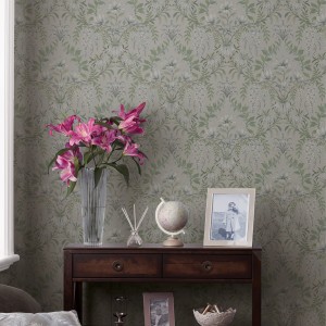 Laura Ashley Vliestapete Parterre Sage mit floralem Muster in Salbeigrün.