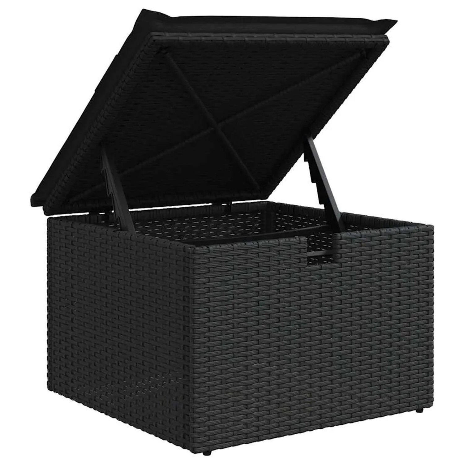 Schwarze vidaXL Gartenmöbel Auflagenbox aus Polyrattan mit geöffnetem Deckel.